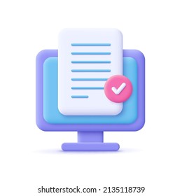 Document file with approved check mark on computer screen. 3d vector icon. Cartoon minimal style.