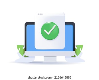 Document File With Approved Check Mark On Computer Screen. 3d Vector Icon. Cartoon Minimal Style. Confirmed Online Document File Check Approval. Desktop Or Pc Computer Quality Control Of Text Writing