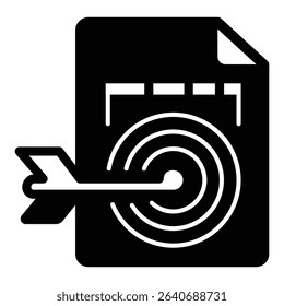 Document file with bow target solid icon, neural dataset concept. Vector graphics. File with key funnels goal data sign on white background, style mobile or design