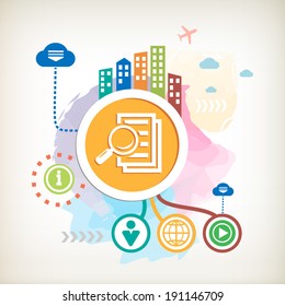Document file and city on abstract colorful watercolor background with different icon and elements.