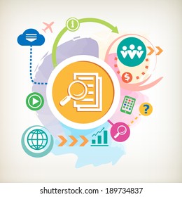 Document file and cloud on abstract colorful watercolor background with different icon and elements.