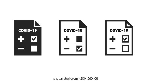 Document file with coronavirus test. Covid form diagnostic report. Test result on medical paper. Illustration vector