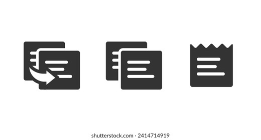 Document file duplicate copy clone icon, text doc receipt invoice simple pictogram glyph symbol graphic set, data replicate shape silhouette ui element design black white image clipart