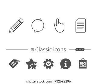 Document file, Edit and Refresh line icons. Hand cursor sign. Information speech bubble sign. And more signs. Editable stroke. Vector