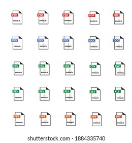 document file extensions with red labels isolated on white with security