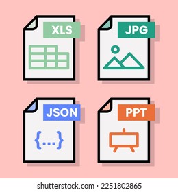 Document file folder download vector color format pdf doc xls jpg zip txt png json ppt csv xml ai mp3 mp4 html psd css js