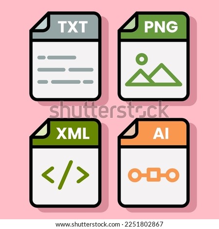 Document file folder download vector color format pdf doc xls jpg zip txt png json ppt csv xml ai mp3 mp4 html psd css js