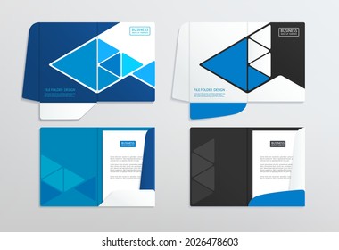 Document file folder mockup set with abstract geometric blue branding design. Business stationery folder template with corporate identity digital graphics