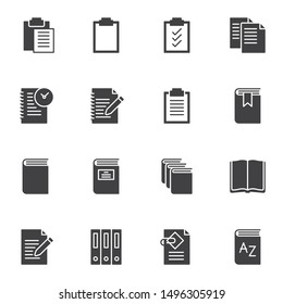 Document file folders vector icons set, modern solid symbol collection, filled style pictogram pack. Signs logo illustration. Set includes icons as paper clipboard, open book, office folders, notebook