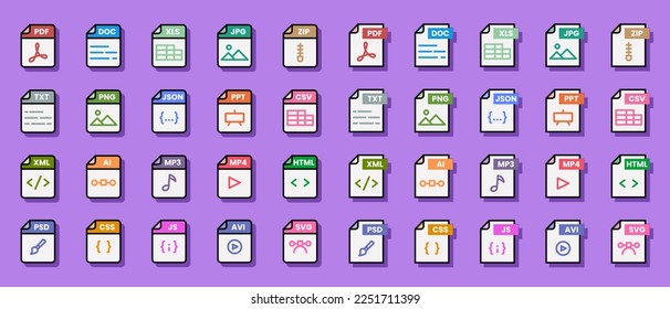 Dokumentdateiformat-Ordner pdf doc xls jpg zip txt png json ppt csv xml ai mp3 mp4 html psd css js avi svg