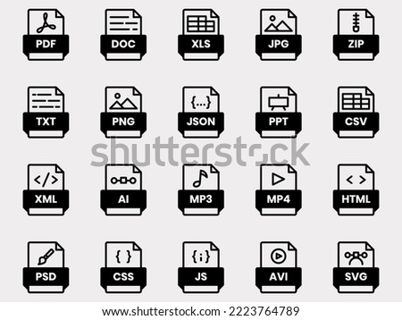 Document file format folder pdf doc xls jpg zip txt png json ppt csv xml ai mp3 mp4 html psd css js avi svg