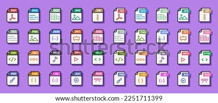 Document file format folder pdf doc xls jpg zip txt png json ppt csv xml ai mp3 mp4 html psd css js avi svg