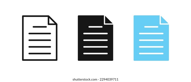 Document file icon. Paper symbol. Text page signs. Web copy symbols. Contract icons. Black, blue color. Vector isolated sign.