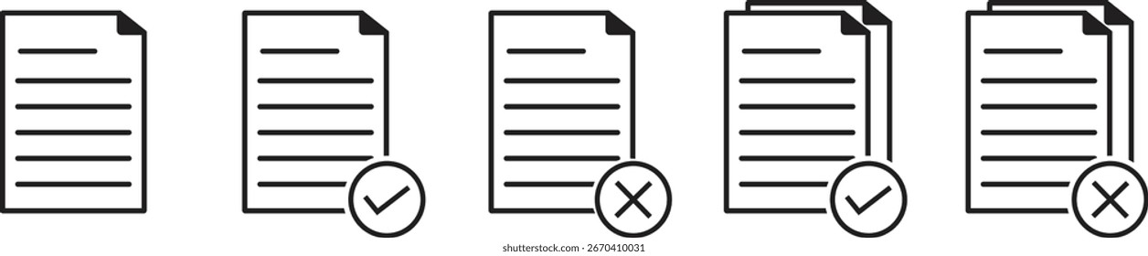 Document file icon set with check and cross marks representing approved, rejected, and pending status, simple line style paperwork symbols for digital, office, and business use.