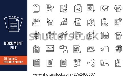 Document file icon set. Icons related to File, paper, report, form, record, text, note, page, letter, contract and more. Outline icon with Editable stroke. Vector illustration