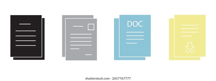 Ícones de arquivo de documento em estilo diferente. Ícones do documento. Definição de ícones de estilo diferente. Para o design do seu site, logotipo, aplicativo, UI. Ilustração vetorial. EPS 10.