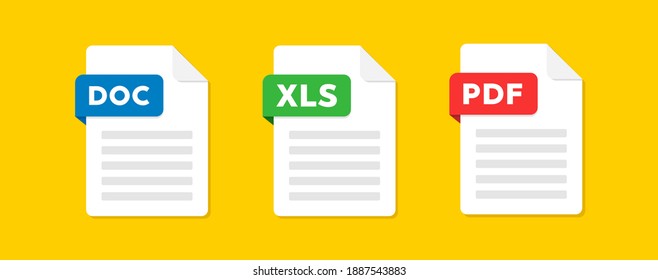 Document file icons. Doc, Pdf, Xls flat icon. Vector illustration.