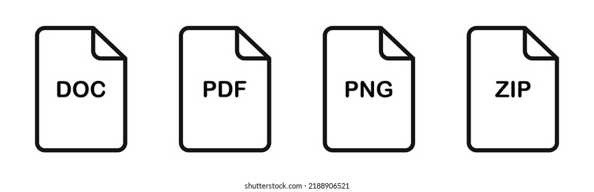 Document file icons. DOC, PDF, PNG, ZIP. Set of icons isolated on white background. Vector illustration.