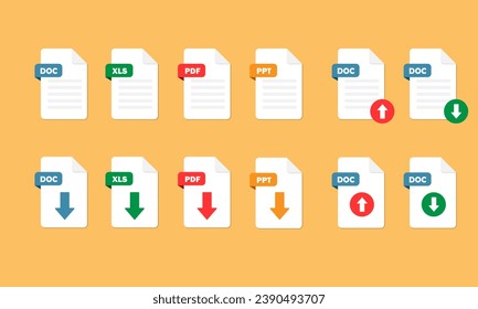 Document file icons. DOC, PDF, Xls, PPT flat icon. Download documents