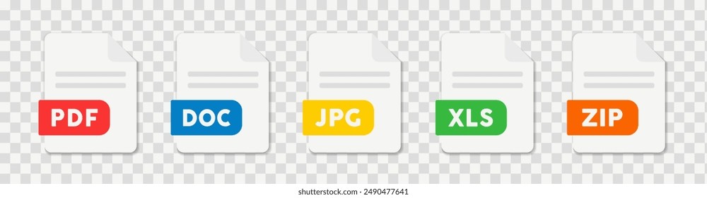 Document file icons. DOC, PDF, XLS, ZIP, JPG flat icon. Vector illustration