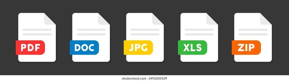 Iconos de archivo de documento. DOC, PDF, XLS, ZIP, JPG icono plano. Ilustración vectorial