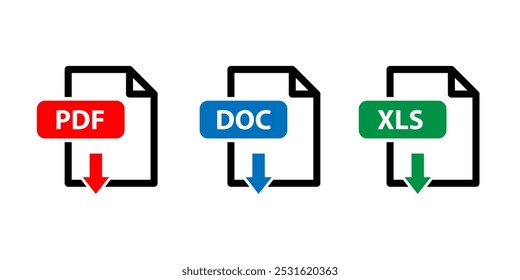 Ícones de arquivo de documento. Ícone plano Doc Pdf Xls. Ilustração vetorial.