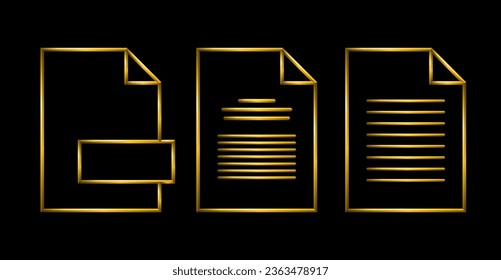 Iconos del archivo de documento. Conjunto de colección de líneas delgadas 3d de oro metálico.