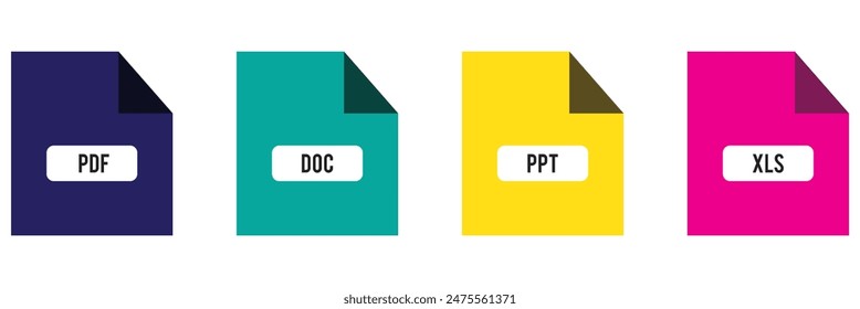  Document file icons set. Containing PDF, DOC, XLS and PPT icon vector illustration.