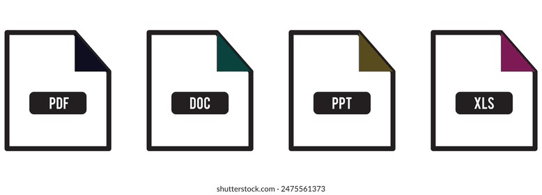  Document file icons set. Containing PDF, DOC, XLS and PPT icon vector illustration.