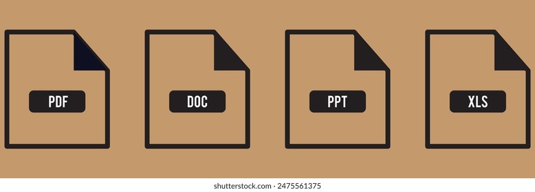  Conjunto de iconos de archivo de documento. Contiene Ilustración vectorial de iconos PDF, DOC, XLS y PPT.