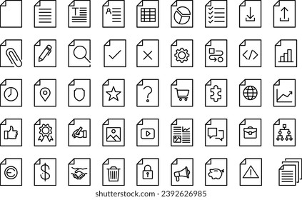 Conjunto de iconos de archivo de documento. El conjunto incluye iconos como portafolio, editor, finanzas, contable, edición, seguridad.