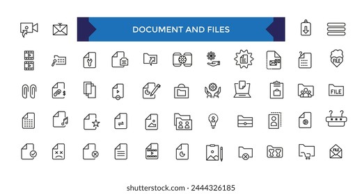 Document and file icons set. Office and Workplace web icons in line style. Employe, conference, project, document.