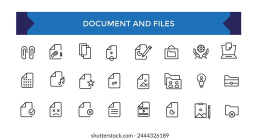 Document and file icons set. Office and Workplace web icons in line style. Employe, conference, project, document.