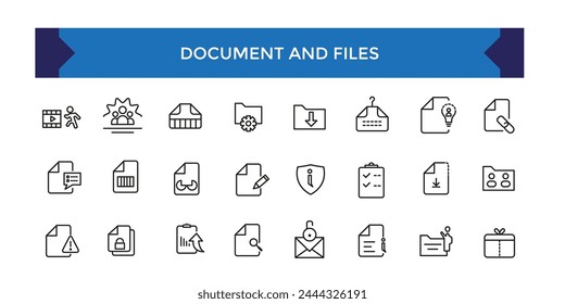 Document and file icons set. Office and Workplace web icons in line style. Employe, conference, project, document.