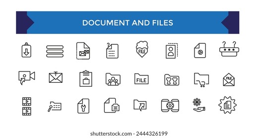 Document and file icons set. Office and Workplace web icons in line style. Employe, conference, project, document.