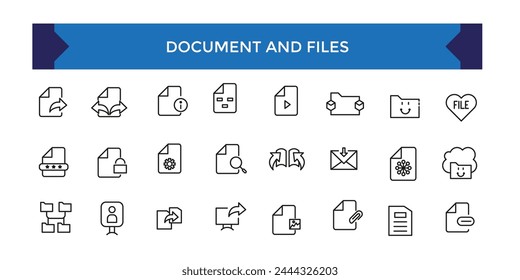 Document and file icons set. Office and Workplace web icons in line style. Employe, conference, project, document.