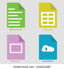 Iconos del archivo de documento. Diseño aislado de documentos, hojas, diapositivas y taquilla.