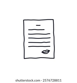 Document file with kiss doodle icon logo sign License or contract lips template Hand drawn ink sketch Funny design Decorative paper game element. Print for clothes greeting invitation card flyer post