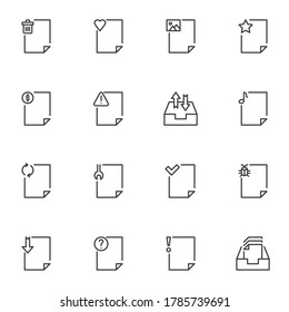 Document file line icons set, outline vector symbol collection, linear style pictogram pack. Signs logo illustration. Set includes icons as file folder, ui document, portfolio, gallery, finance, music