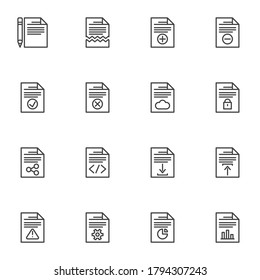 Document file line icons set, outline vector symbol collection, linear style pictogram pack. Signs, logo illustration. Set includes icons as edit document, share, download, upload, business diagram