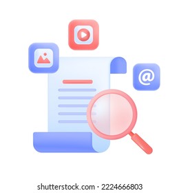 Document or file with magnifier and media symbols 3D icon. Searching for information in storage or database 3D vector illustration on white background. Multimedia, network, management concept