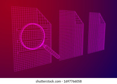 Document file with magnifying glass. Business search concept. Wireframe low poly mesh vector illustration