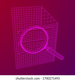 Document file with magnifying glass. Business search concept. Wireframe low poly mesh vector illustration
