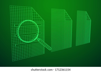 Document file with magnifying glass. Business search concept. Wireframe low poly mesh vector illustration