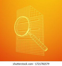 Document file with magnifying glass. Business search concept. Wireframe low poly mesh vector illustration