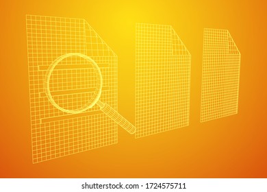 Document file with magnifying glass. Business search concept. Wireframe low poly mesh vector illustration
