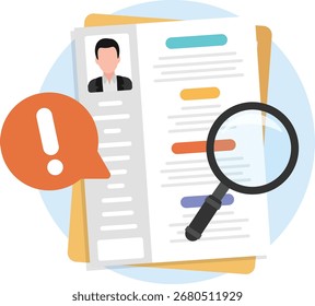 Arquivo de documento e uma lente de aumento com um ponto de exclamação de aviso.