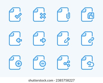 Document and File Management vector line icons. Data settings and File Configurations outline icon set. Approve, Reject, Send, Receive, Edit, Attach, Save, Share and more.