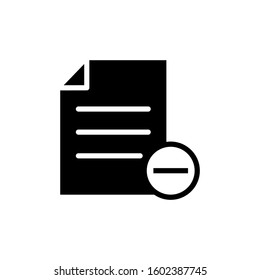 Document file minus page icon in black flat on white background, Vector icon
