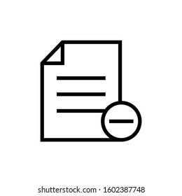 Document file minus page icon in outline style on white background, Vector icon